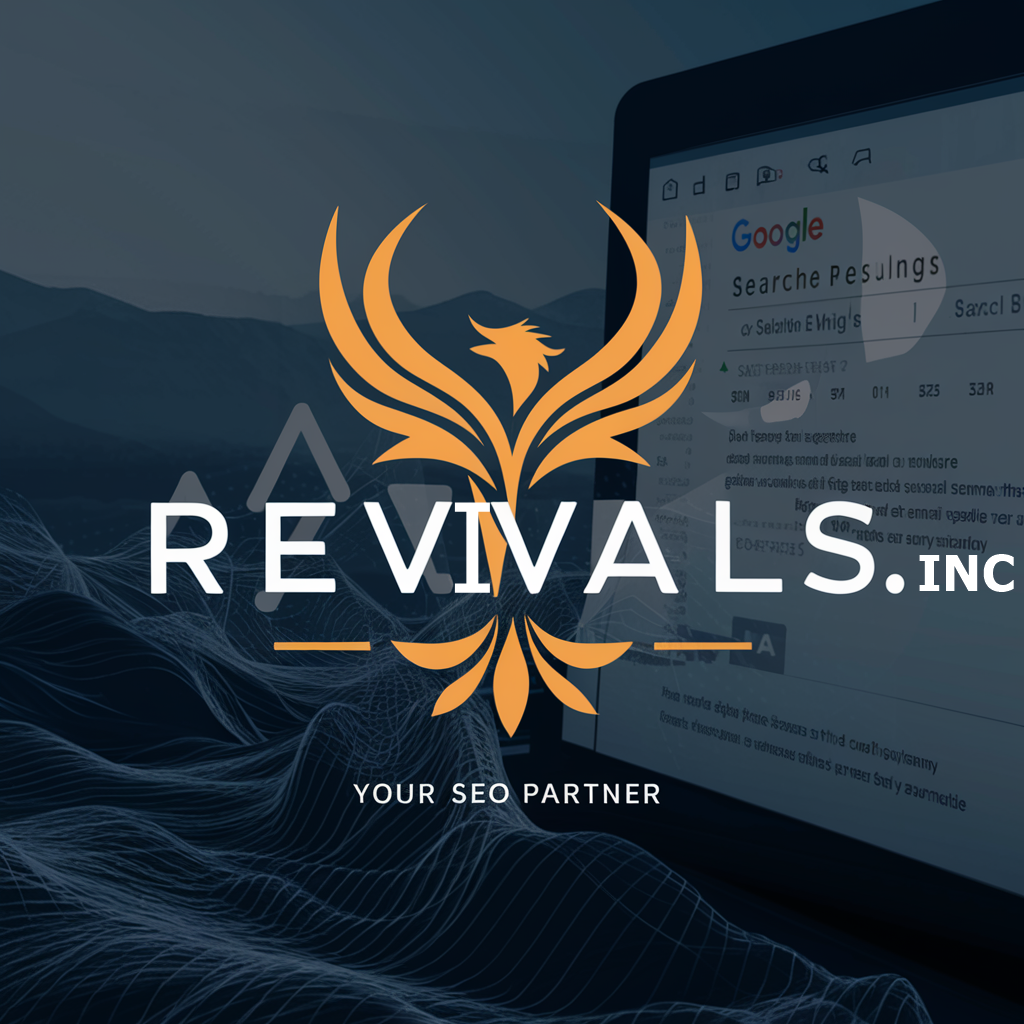 A modern and sleek logo for Revivals. INC featuring a stylized phoenix with the tagline "Your SEO Partner," set against a digital landscape showcasing a client's website on the first page of Google rankings.